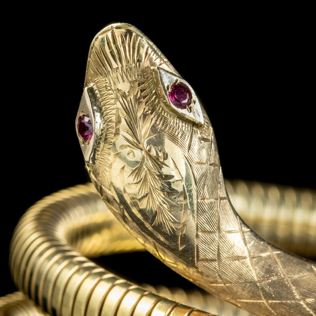 Victorian Style Snake Bangle 9ct Gold Ruby Eyes Dated 1989Victorian Style Snake Bangle 9ct Gold Ruby Eyes Dated 1989