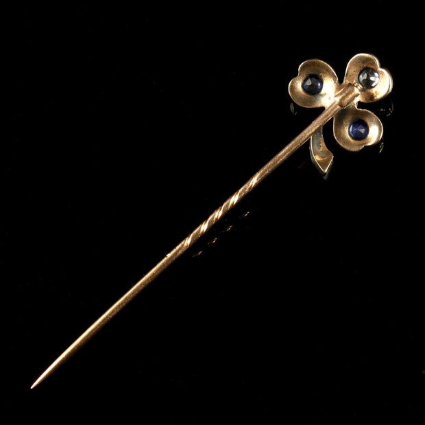 Antique Victorian Sapphire Diamond Pearl Shamrock Pin 18ct Gold With Box