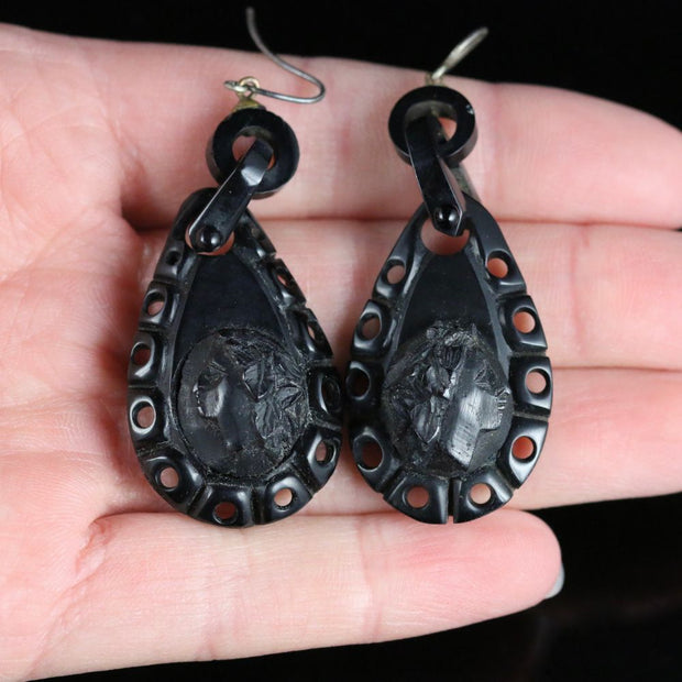 Victorian Carved Cameo Long Whitby Jet Earrings Circa 1880
