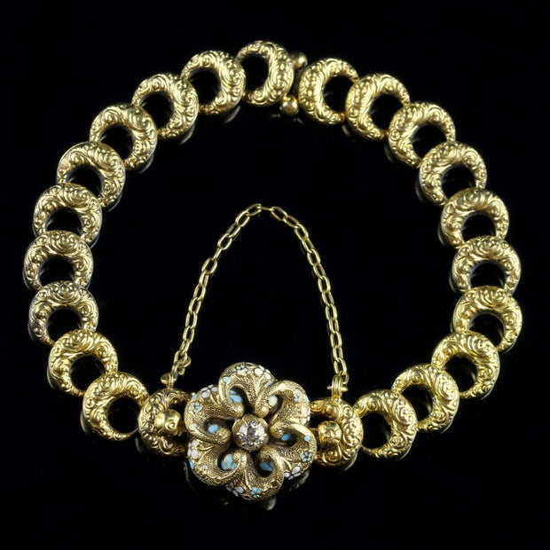 Victorian Diamond Blue Enamel Gold Bracelet Brooch Set Circa 1880