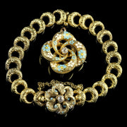 Victorian Diamond Blue Enamel Gold Bracelet Brooch Set Circa 1880