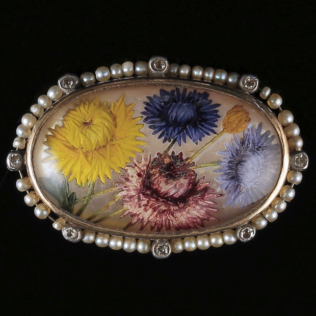 Victorian French Essex Crystal Flower Pearl Diamond Brooch 18Ct Gold