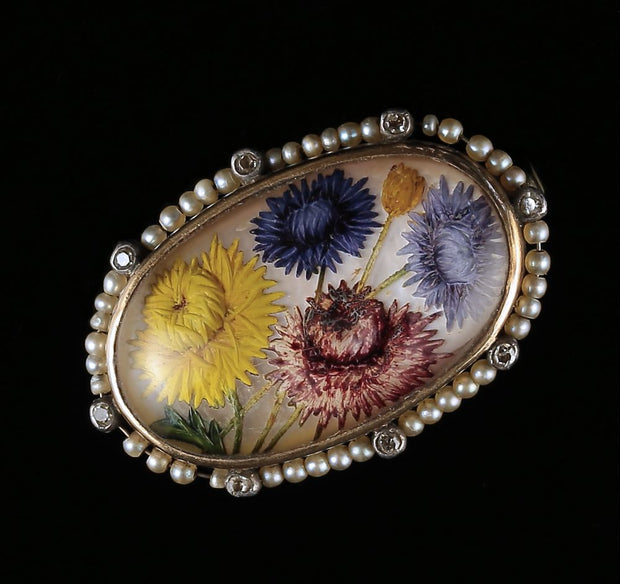 Victorian French Essex Crystal Flower Pearl Diamond Brooch 18Ct Gold