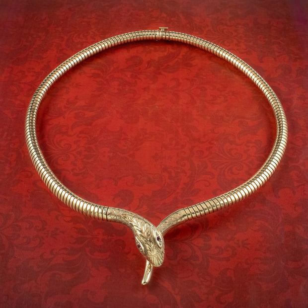 Vintage 9ct Gold Snake Collar Necklace Ruby Eyes 