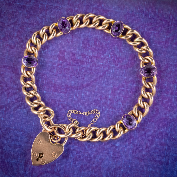 Vintage Amethyst Curb Bracelet 9ct Gold Heart Padlock 7.5ct Of Amethyst Dated 1969
