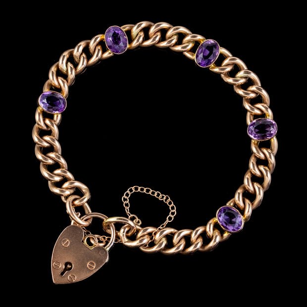 Victorian Style Amethyst Curb Bracelet 9ct Gold Heart Padlock 7.5ct Of Amethyst Dated 1969