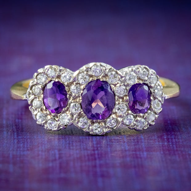 Vintage Amethyst Diamond Trilogy Cluster Ring Dated 1991