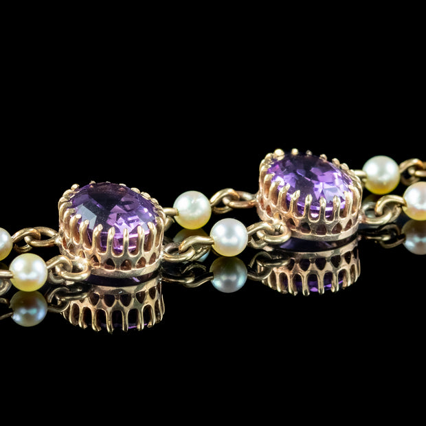 Vintage Amethyst Pearl Bracelet 9ct Gold Dated 1962