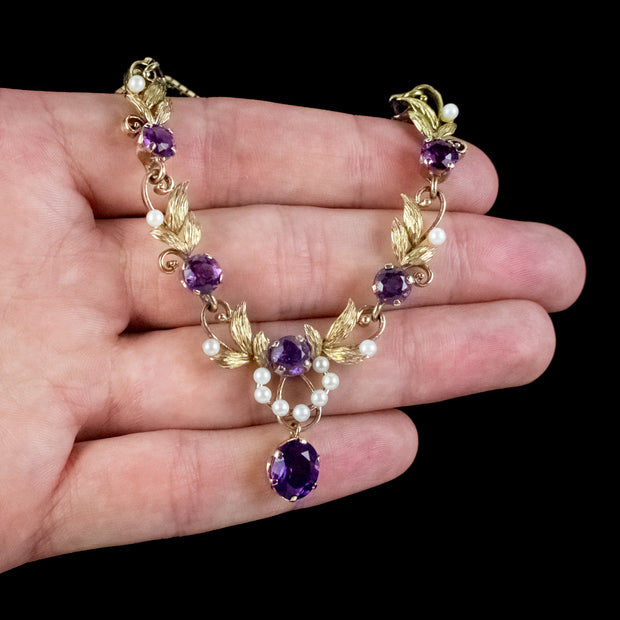 Vintage Amethyst Pearl Lavaliere Necklace 9ct Gold 
