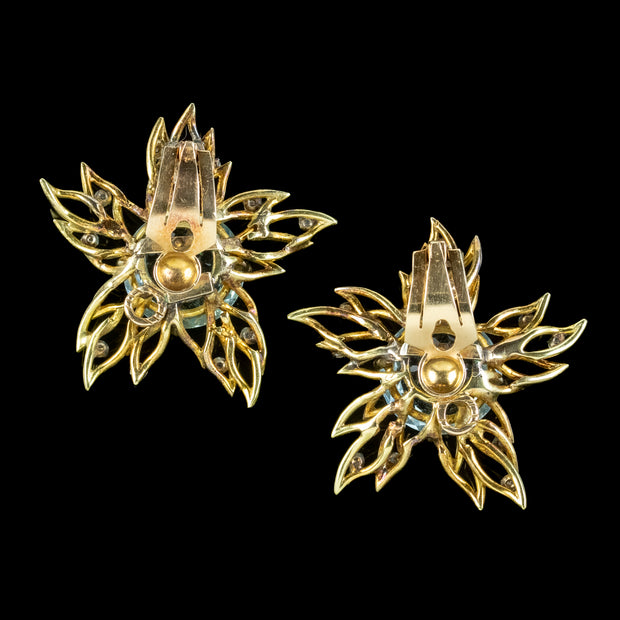 Vintage Aquamarine Diamond Flower Clip Earrings 18ct Gold 