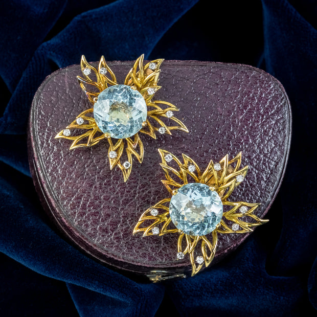 Vintage Aquamarine Diamond Flower Clip Earrings 18ct Gold 