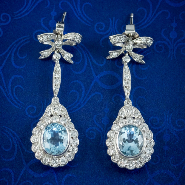 Vintage Aquamarine Diamond Flower Drop Earrings 4ct Of Aqua