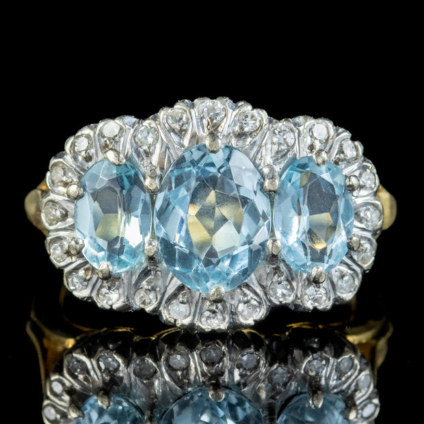 Vintage Aquamarine Diamond Trilogy Ring 3.50ct Of Aqua