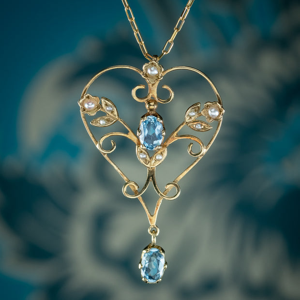 Vintage Aquamarine Pearl Heart Pendant Necklace 9ct Gold Dated 1987