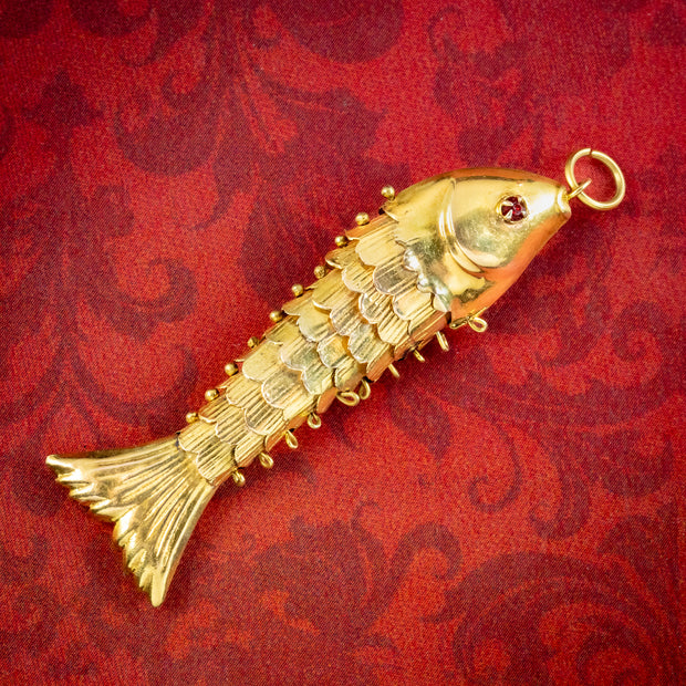 Vintage Articulated Fish Pendant 14ct Gold Garnet Eyes cover