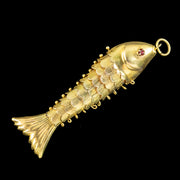 Vintage Articulated Fish Pendant 14ct Gold Garnet Eyes front