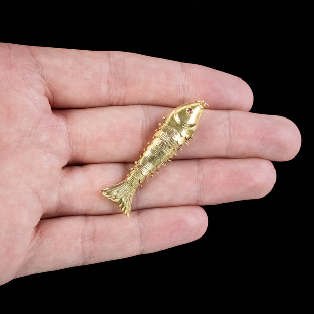 Vintage Articulated Fish Pendant 14ct Gold Garnet Eyes hand