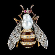 Vintage Bee Brooch Diamond Pearl Ruby 18ct Gold Silver Enamel Circa 1930