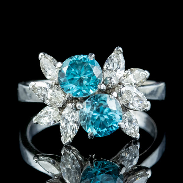 Vintage Blue Zircon Diamond Toi Et Moi Cluster Ring 1.4ct Zircon 1.2ct Diamond