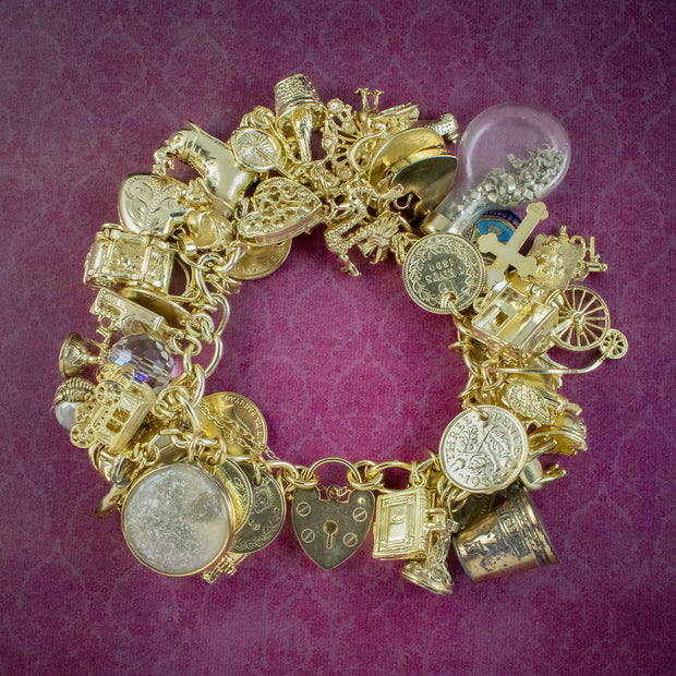 Vintage Charm Bracelet Silver 18ct Gold Gilt 50 Charms