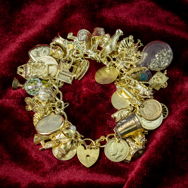 Vintage Charm Bracelet Silver 18ct Gold Gilt 50 Charms