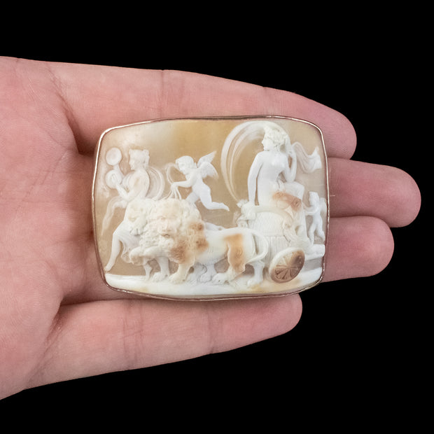 Vintage Cybele And Lion Chariot Cameo Brooch 9ct Gold Frame