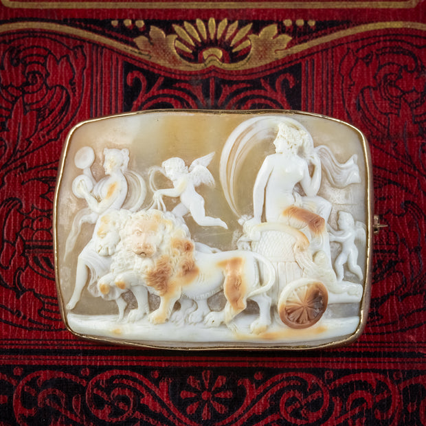 Vintage Cybele And Lion Chariot Cameo Brooch 9ct Gold Frame