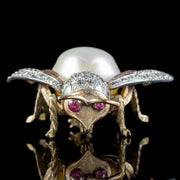 Vintage Diamond Pearl Bee Brooch 15ct Gold Ruby Eyes