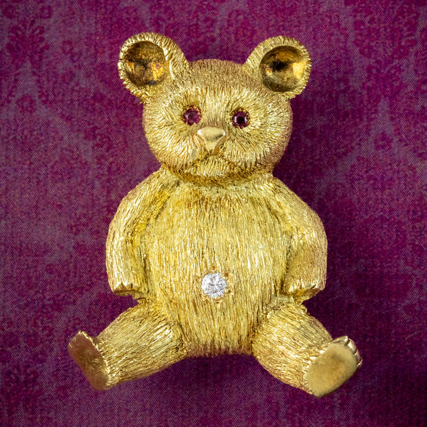 Vintage Diamond Ruby Teddy Bear Brooch 18ct Gold