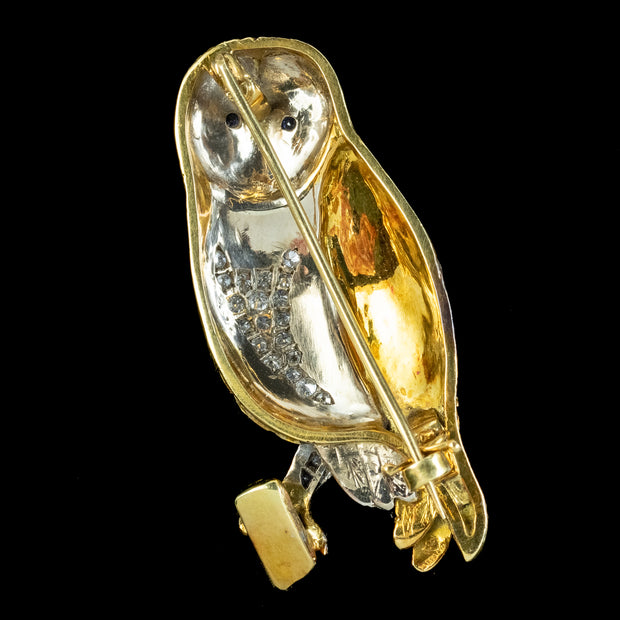 Vintage Diamond Sapphire Barn Owl Brooch 18ct Gold 