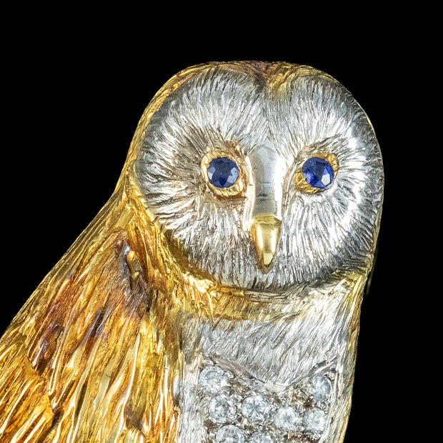 Vintage Diamond Sapphire Barn Owl Brooch 18ct Gold 