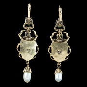 Vintage Egyptian Revival Scarab Drop Earrings Pearl Droppers