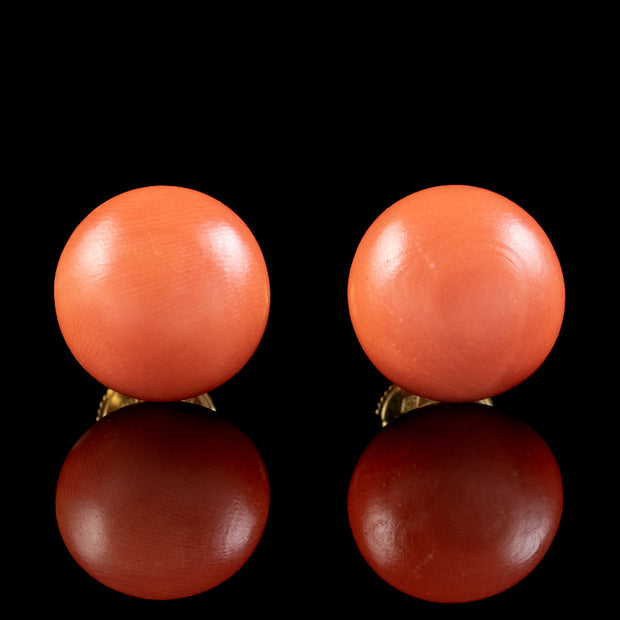 Vintage French Coral Stud Earrings  18ct Gold Mecan Circa 1970
