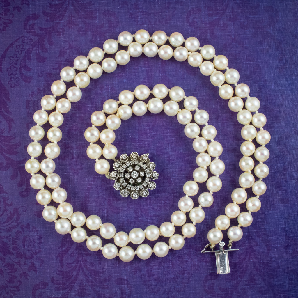 Vintage Double Strand Pearl Necklace Sapphire Diamond Clasp 