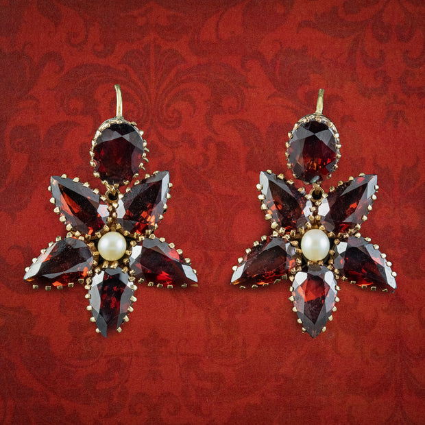 Vintage Garnet Pearl Flower Earrings 15ct Gold