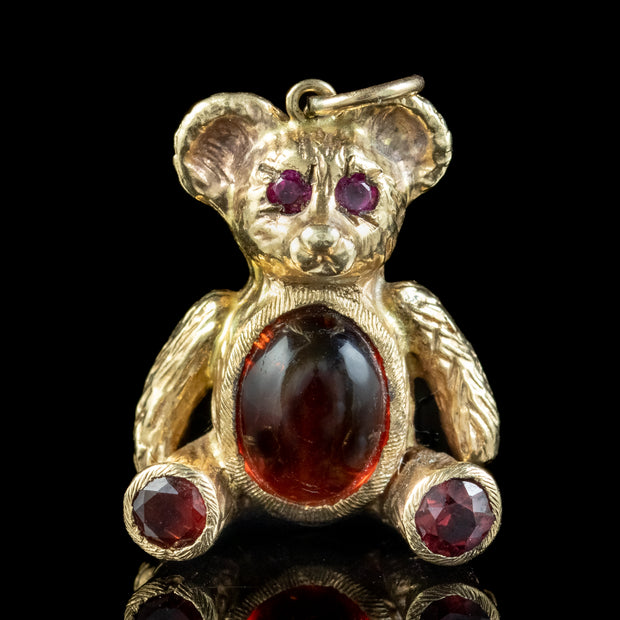Vintage Garnet Ruby Teddy Bear Charm Pendant 9ct Gold Dated 1964