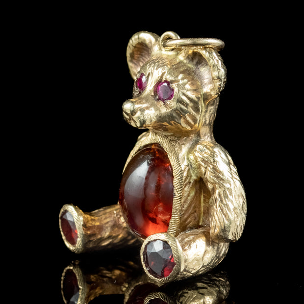 Vintage Garnet Ruby Teddy Bear Charm Pendant 9ct Gold Dated 1964