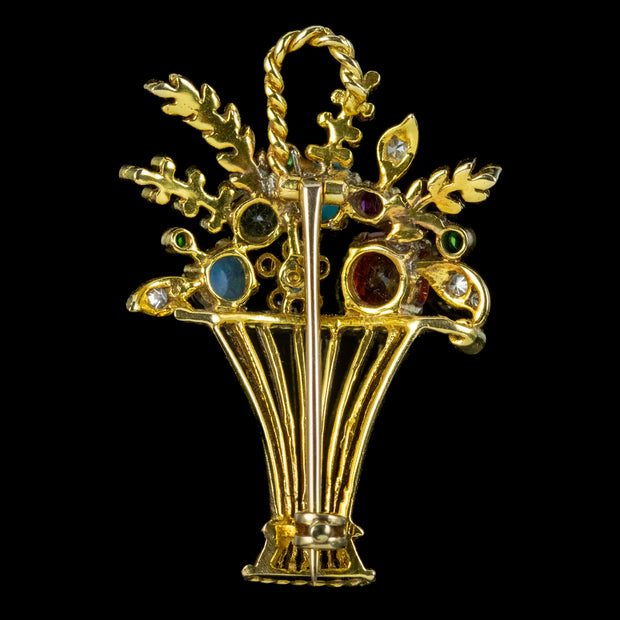 Vintage Gemstone Flower Vase Brooch 18ct Gold 