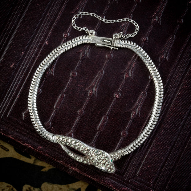 Vintage Marcasite Snake Bracelet Sterling Silver 