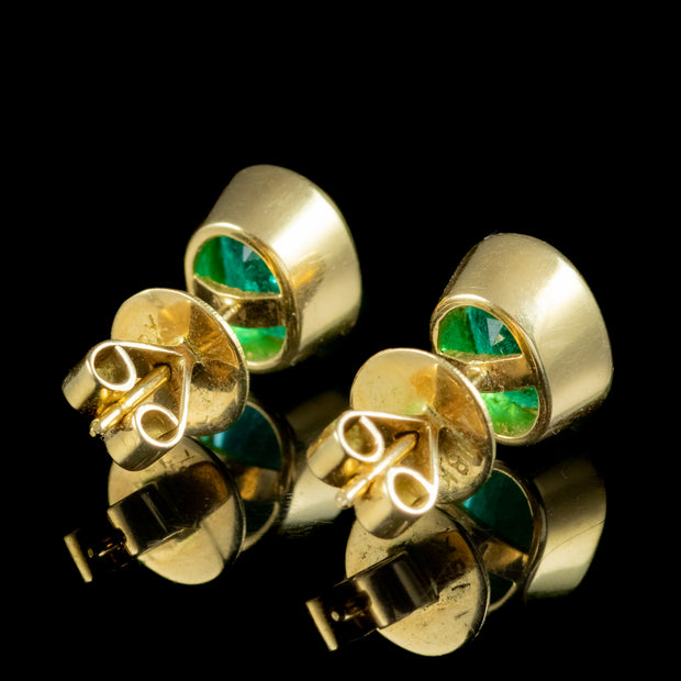 Vintage Natural Emerald Stud Earrings 18ct Gold 3.2ct Of Emerald With Cert