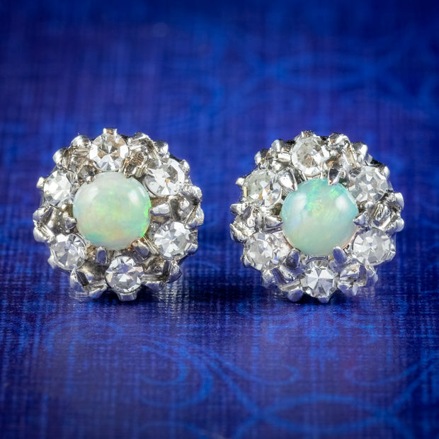 Vintage Opal Diamond Cluster Stud Earrings 9ct Gold 0.30ct Opals 0.60ct Of Diamond