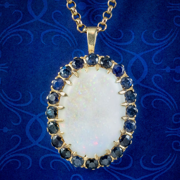 Vintage Opal Sapphire Pendant Necklace 9ct Gold 25ct Opal
