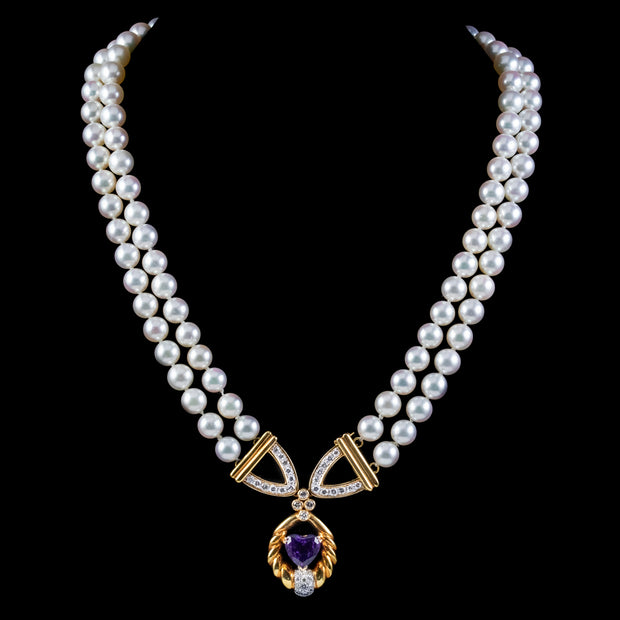Vintage Pearl Diamond Lavaliere Necklace Amethyst Heart Circa 1960