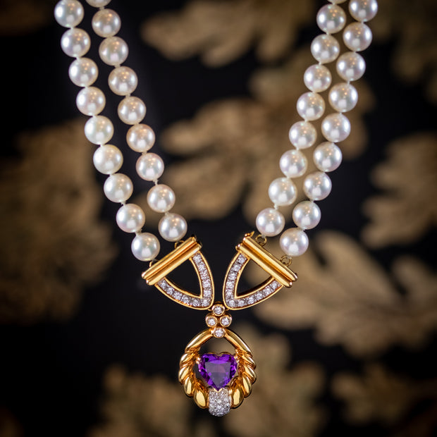 Vintage Pearl Diamond Lavaliere Necklace Amethyst Heart Circa 1960b