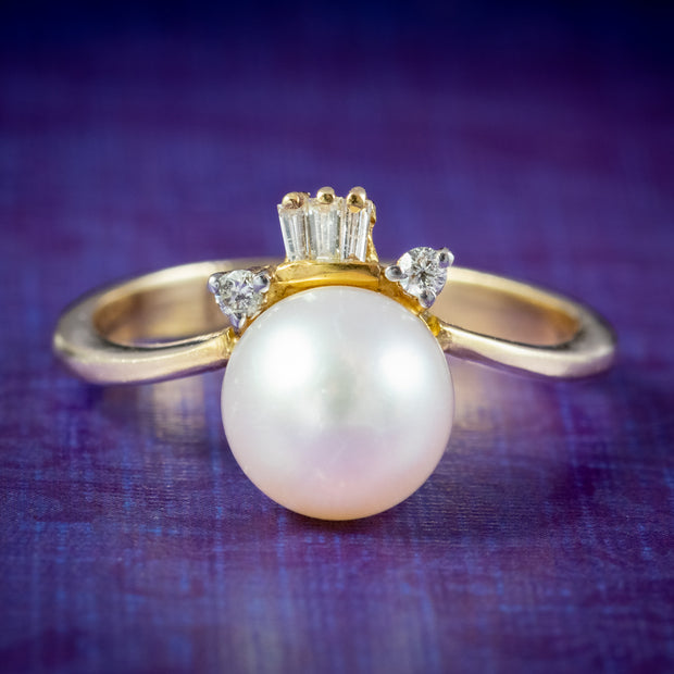 Vintage Pearl Diamond Tiara Ring 14ct Gold