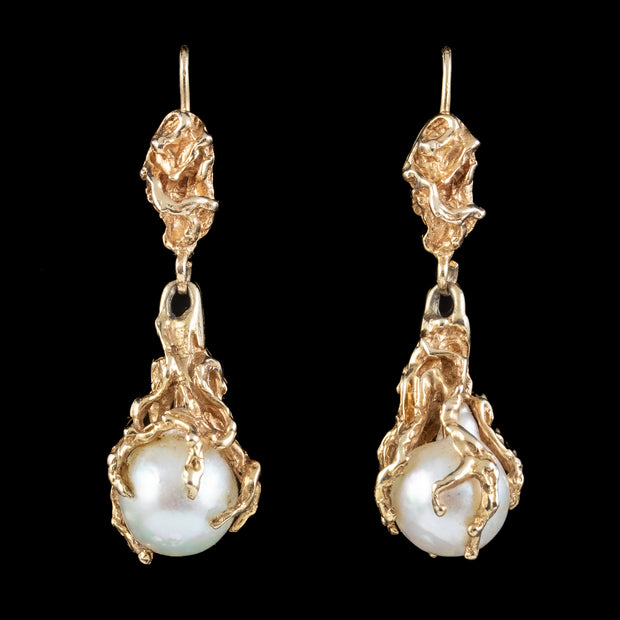 Vintage Pearl Drop Earrings 14ct Gold front