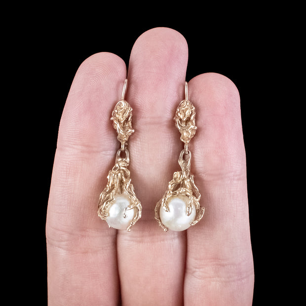 Vintage Pearl Drop Earrings 14ct Gold hand