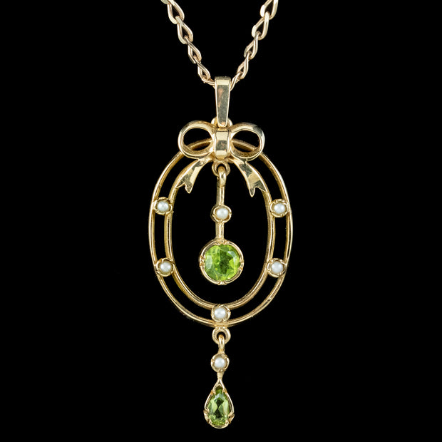 Vintage Peridot Pearl Pendant Necklace 9ct Gold 
