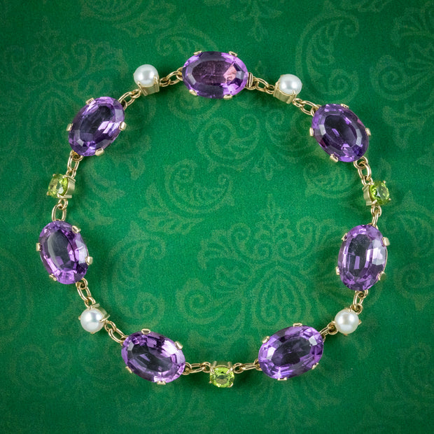 Vintage Scottish Suffragette Bracelet Amethyst Pearl Peridot 9ct Gold Dated 1967
