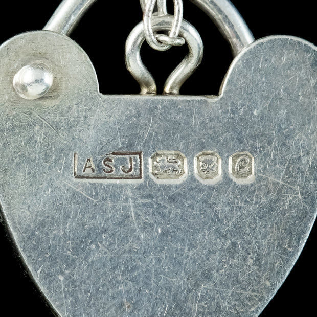 Vintage Silver Curb Bracelet With Heart Padlock And Seven Charms Dated 1978